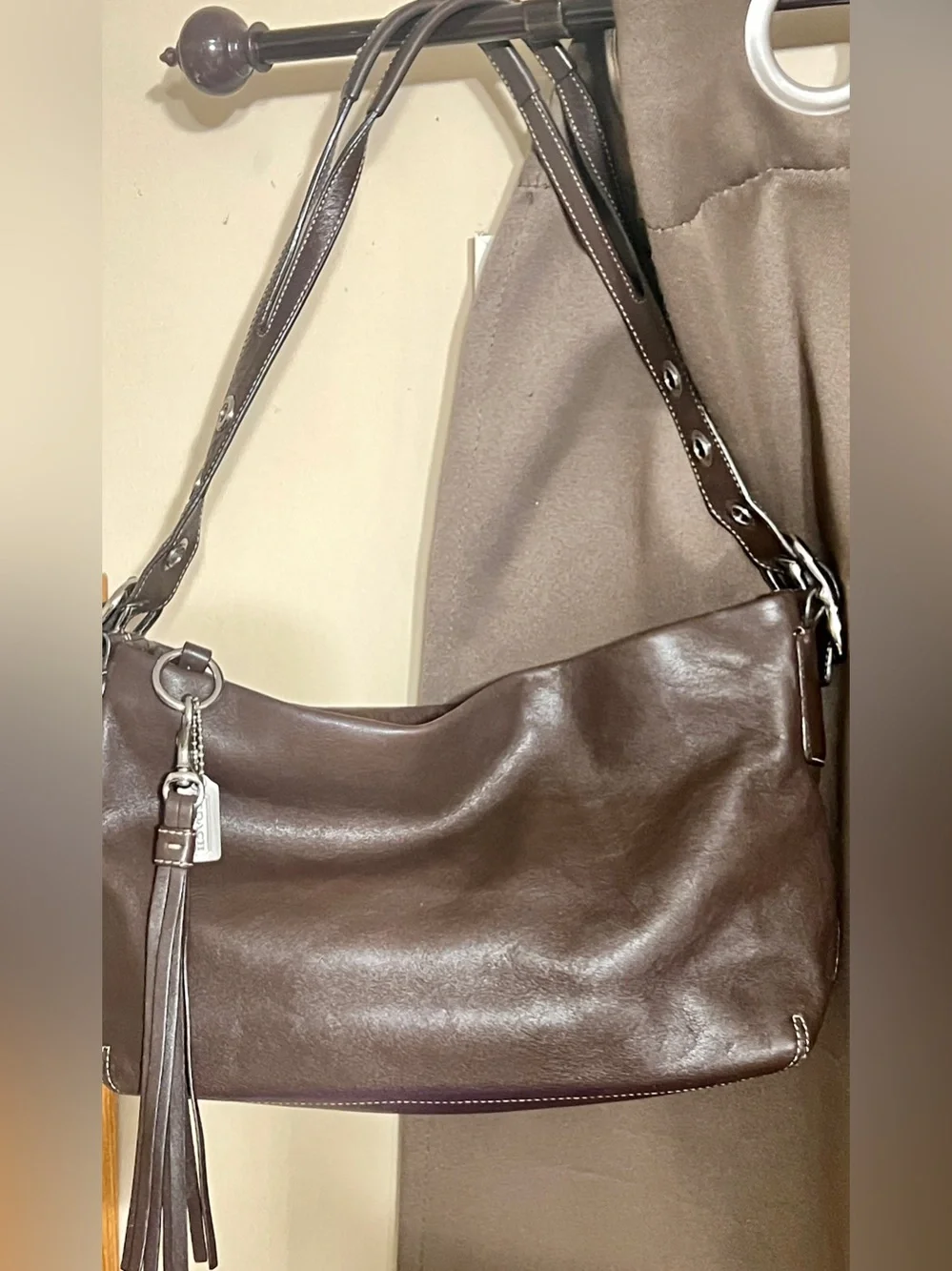 Coach Dark Brown Leather Shoulder Bag with Tassel